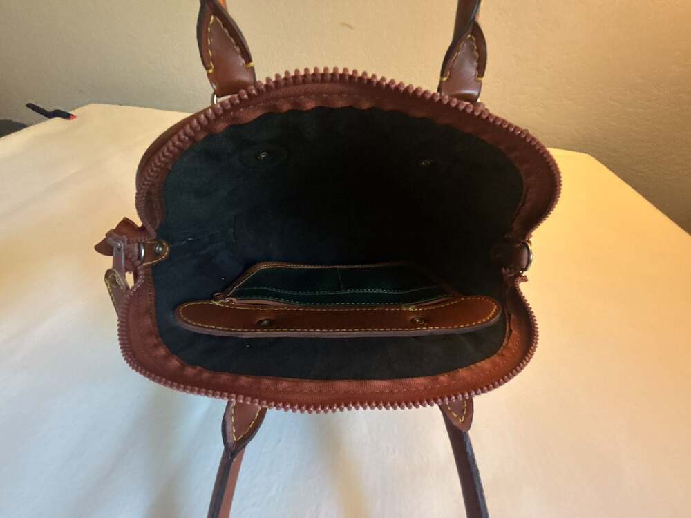 Vintage Dooney & Bourke All-Weather Leather Dome Satchel Bag Green and Tan - Picture 3 of 10